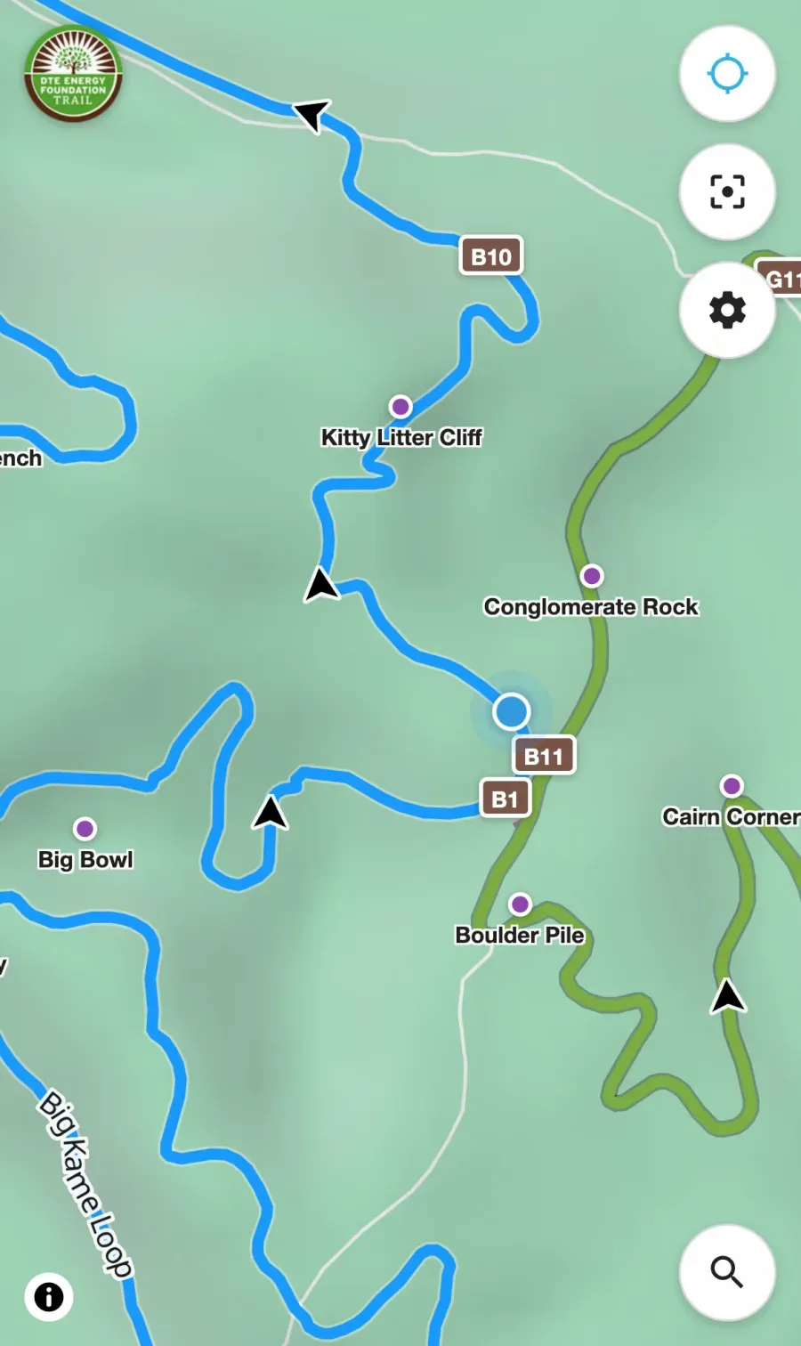 A trailmaps.app map open on a phone, showing the Big Kame route at DTE Energy Foundation Trail