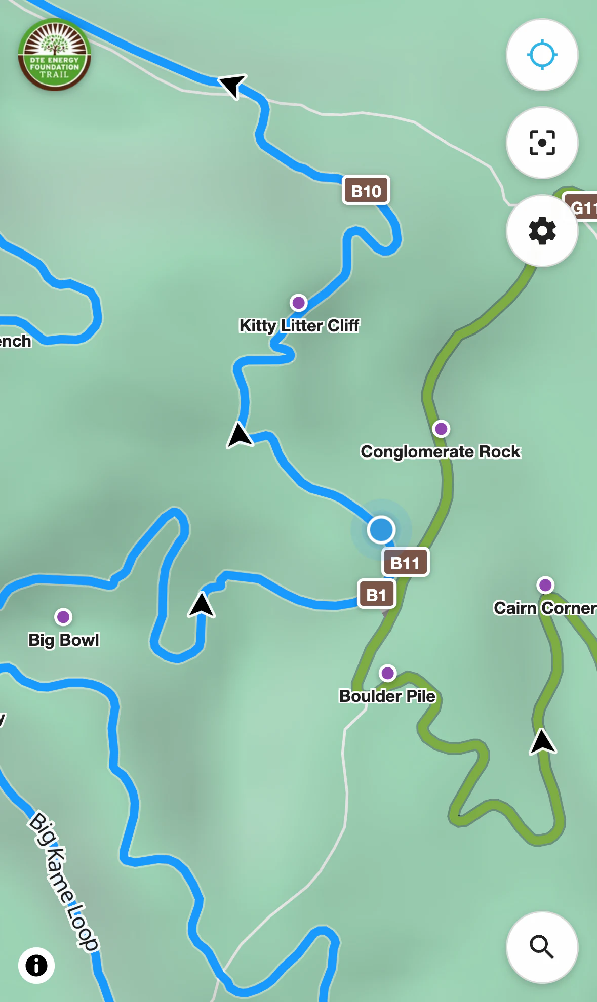 A trailmaps.app map open on a phone, showing the Big Kame route at DTE Energy Foundation Trail